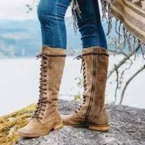 BORN 6.5/37 Devina Taupe Brown Suede Lace up Knee High Boots - NWOT